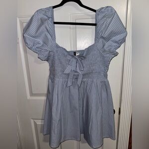 Blue Pinstripe Puff Sleeve Smocked Dress